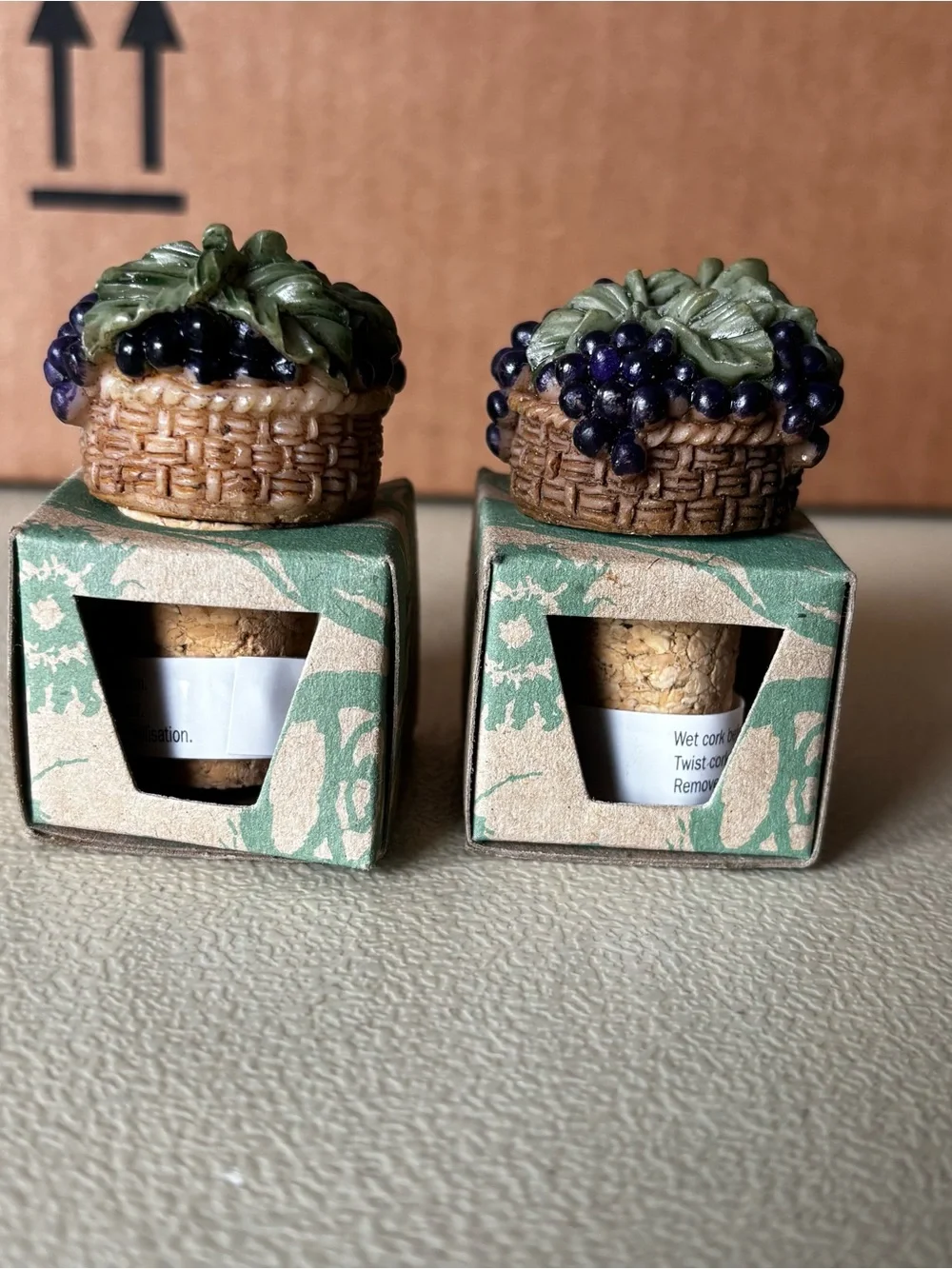 2 Basket of Grapes Cork Bottle Toppers Hand Painted Ceramic Porcelain 1.5